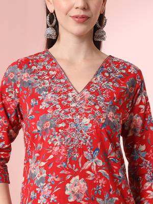  red pure cotton thread work straight kurta dupatta pant set 4