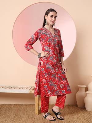  red pure cotton thread work straight kurta dupatta pant set 5