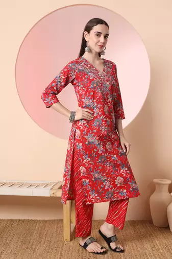  red pure cotton thread work straight kurta dupatta pant set