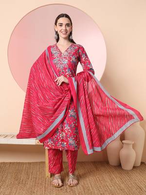  pink pure cotton thread work straight kurta dupatta pant set 1
