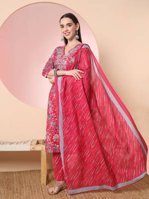  pink pure cotton thread work straight kurta dupatta pant set 2