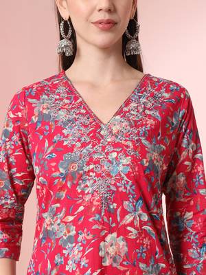  pink pure cotton thread work straight kurta dupatta pant set 4