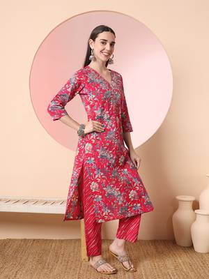  pink pure cotton thread work straight kurta dupatta pant set 5
