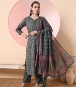  bottle green pure cotton thread work straight kurta dupatta pant set