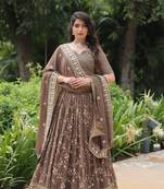 CHIKOO DESIGNER WEDDING WEAR  EMBROIDERED WORK LEHENGA CHOLI 
