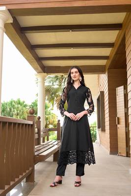 Black hand embroidery art silk straight cut kurta & 1