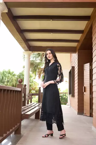 Black hand embroidery art silk straight cut kurta &
