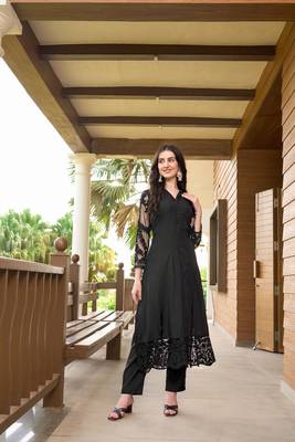 Black hand embroidery art silk straight cut kurta & 4