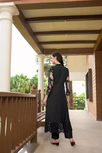Black hand embroidery art silk straight cut kurta &