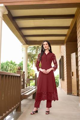 Maroon hand embroidery art silk straight cut kurta & 1