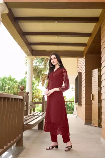 Maroon hand embroidery art silk straight cut kurta &