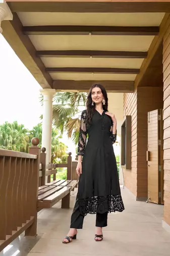 Black hand embroidery art silk straight cut kurta & pants set