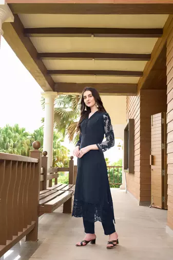 Navy-blue hand embroidery art silk straight cut kurta &