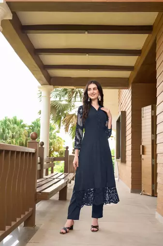 Navy-blue hand embroidery art silk straight cut kurta &