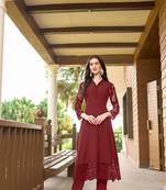 Maroon hand embroidery art silk straight cut kurta & pants set