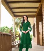 Green hand embroidery art silk straight cut kurta &