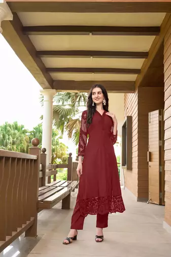 Maroon hand embroidery art silk straight cut kurta & pants set