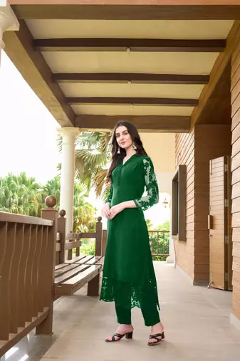 Green hand embroidery art silk straight cut kurta &