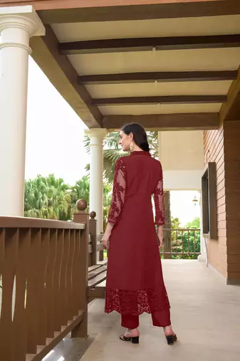 Maroon hand embroidery art silk straight cut kurta & pants set