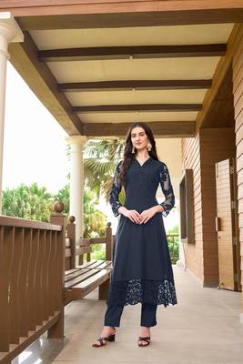 Navy-blue hand embroidery art silk straight cut kurta & pants set 1