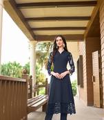 Navy-blue hand embroidery art silk straight cut kurta & pants set