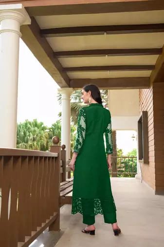 Green hand embroidery art silk straight cut kurta &