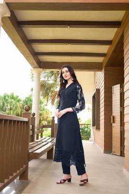 Navy-blue hand embroidery art silk straight cut kurta & pants set 3