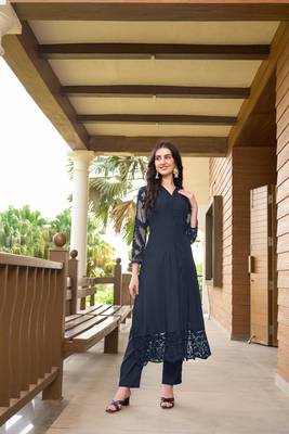 Navy-blue hand embroidery art silk straight cut kurta & pants set 4