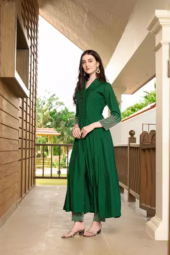 Green hand embroidery art silk anarkali kurta &