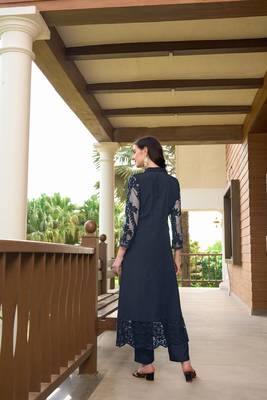Navy-blue hand embroidery art silk straight cut kurta & pants set 5