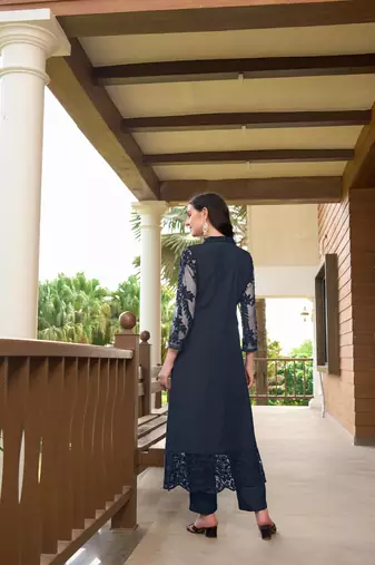 Navy-blue hand embroidery art silk straight cut kurta & pants set