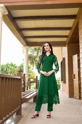 Green hand embroidery art silk straight cut kurta & pants set 1