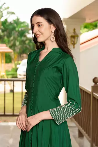 Green hand embroidery art silk anarkali kurta &