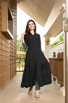 Black hand embroidery art silk anarkali kurta & 1