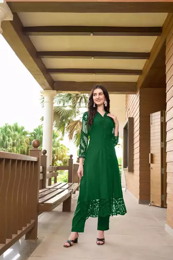 Green hand embroidery art silk straight cut kurta & pants set