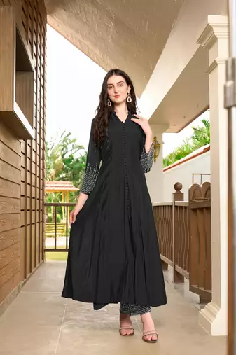 Black hand embroidery art silk anarkali kurta &