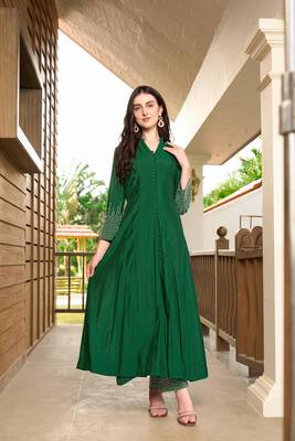 Green hand embroidery art silk anarkali kurta & pants set 4