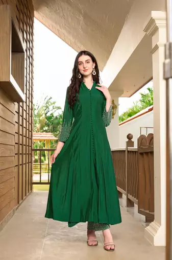 Green hand embroidery art silk anarkali kurta & pants set