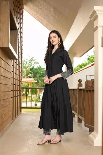 Black hand embroidery art silk anarkali kurta & pants set