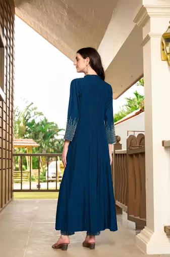 Blue hand embroidery art silk anarkali kurta &