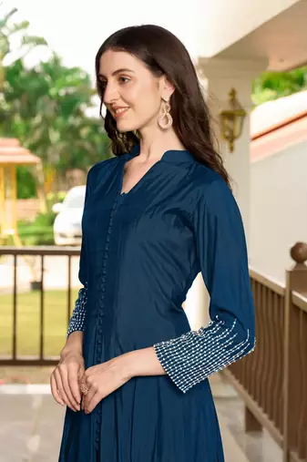 Blue hand embroidery art silk anarkali kurta &