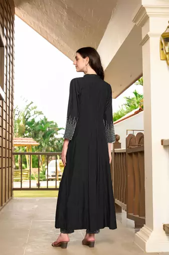Black hand embroidery art silk anarkali kurta & pants set