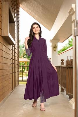 Violet hand embroidery art silk anarkali kurta & 1