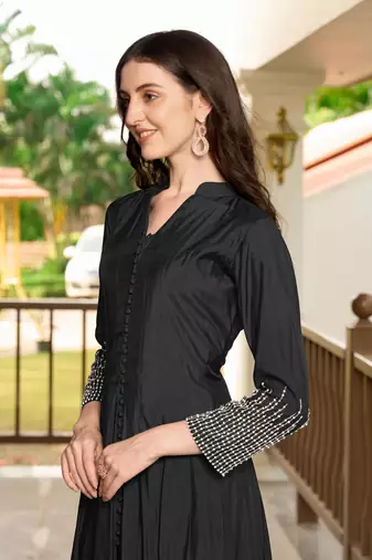 Black hand embroidery art silk anarkali kurta & pants set
