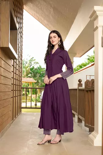 Violet hand embroidery art silk anarkali kurta &