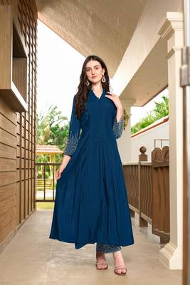 Blue hand embroidery art silk anarkali kurta & pants set 1