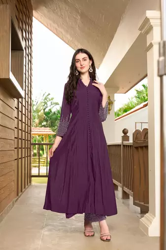 Violet hand embroidery art silk anarkali kurta &