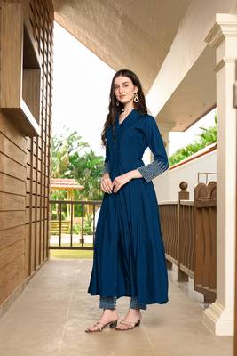 Blue hand embroidery art silk anarkali kurta & pants set 3