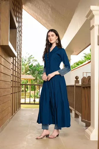Blue hand embroidery art silk anarkali kurta & pants set