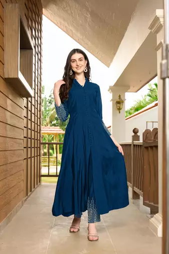 Blue hand embroidery art silk anarkali kurta & pants set